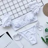 Women Ruffles Short Sleeve Strapless Frill Tie Up Swimwear Bikinis Sets