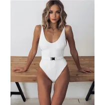 Women Pure Color Belt Metal Buckle One Piece Swimsuit