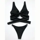 Women Bikinis Halter Circular Ring Two Piece V-neck Swimwear Set