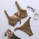 Women Concealed Button Slip Solid Color Bikinis Sets Swimwear