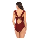 Women Deep V-Neck Ruffles Shoulder Lace Up Backless One Piece Swimsuit