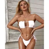 Women Ruffles Tube Up Pure Colour Bikinis Sets Swimwear