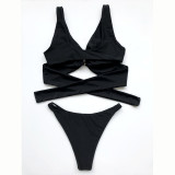 Women Bikinis Halter Circular Ring Two Piece V-neck Swimwear Set