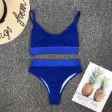 Women Solid Color Fabric Stitching Sexy High Waist Bikinis Sets