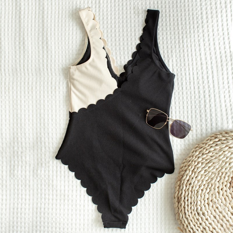 Women Black and White Splicing Petal Edge VNeck One Piece Swimsuit