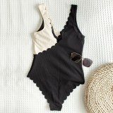 Women Black and White Splicing Petal Edge V-Neck One Piece Swimsuit