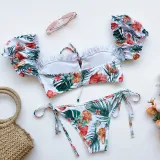 Women Ruffles Short Sleeve Strapless Frill Tie Up Swimwear Bikinis Sets