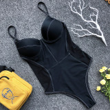 Women Side Waist Black Mesh Onepiece Swimsuit