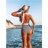 Women Halter V-neck Stripes High Wasit Onepiece Swimsuit