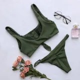 Women Concealed Button Slip Solid Color Bikinis Sets Swimwear