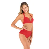 Women Halter Pure Color High Waist Bikinis Sets Swimwear