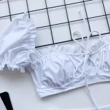 Women Ruffles Short Sleeve Strapless Frill Tie Up Swimwear Bikinis Sets