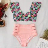 Women Prints Flowers Ruffles Sleeves Top High Waist Bikinis Sets Swimwear
