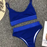Women Solid Color Fabric Stitching Sexy High Waist Bikinis Sets
