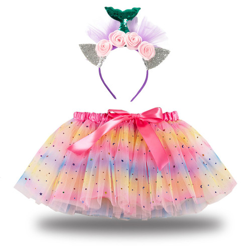 Toddler Girls 3 Colors Stars Sequins Tutu Skirt with Flowers Headband