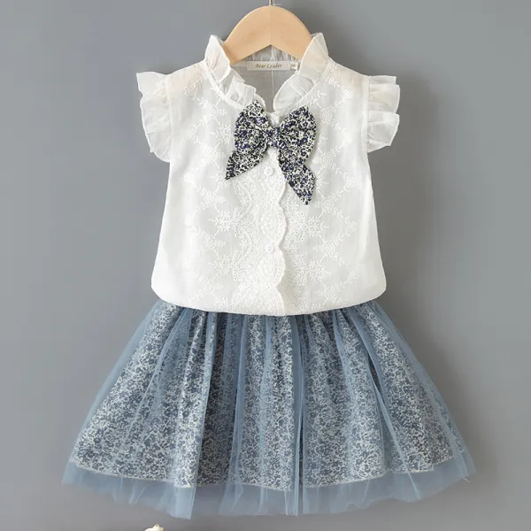 Toddler Girl White Embroidered Flowers Bowknot Ruffles Top and Mesh Floral Skirt Two Pieces Sets