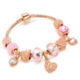 Women's Rose Gold Alloy Love Apple Zircon Heart Pink Glass Crystal Charm Chain Jewelry Bracelet