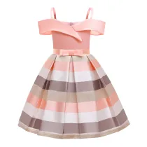 Toddler Girl Off The Shoulder 3 Colors Stripes A-line Gown Dresses