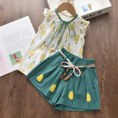 Kid Girl Prints Pineapples Ruffles Sleeves Top and Bowknot Shorts Two Pieces Sets