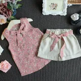 Kid Girl Bowknot Floral Vest and Shorts Two Pieces Sets