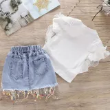 Toddler Girl Sequins Unicorn Ruffles Top and Denim Lace Flowers Sequin Skirt Two Pieces Sets