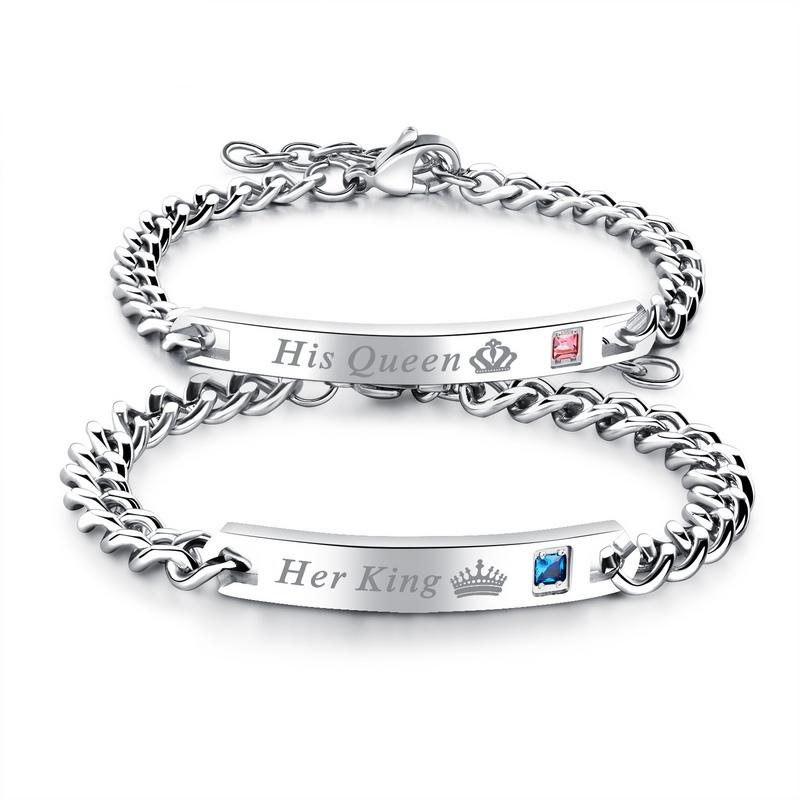 Silver His Queen Her King Crown Chain Jewerly Bracelet