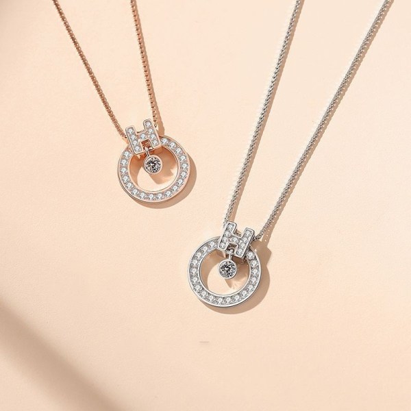 Sterling Silver English Letters Alphabet H Zircon Diamonds Circle Clavicle Pendant Chain Jewelry Necklace