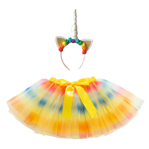 Toddler Girls Bowknot Rainbow Tutu Skirt with Unicorn Headband