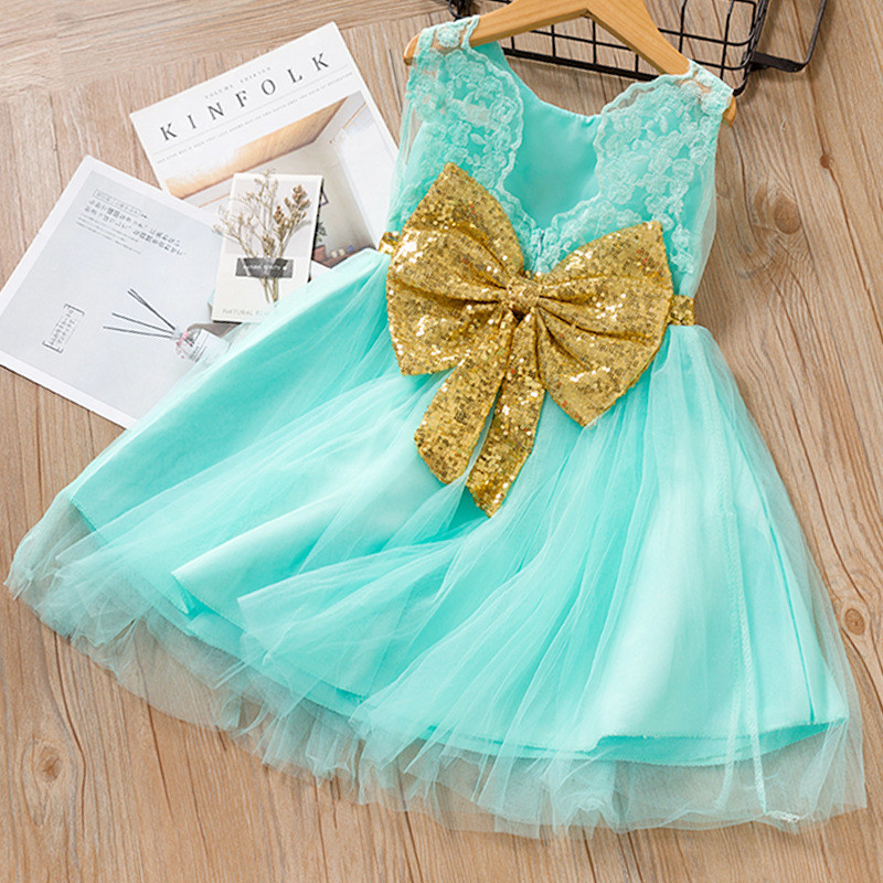 Toddler Girls Gold Sequins Bowknot Sleeveless Lace Tutu Dress
