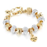 Women's I Love You Heart Zircon Diamond Gold Bead Bracelet Chain Charm Jewelry