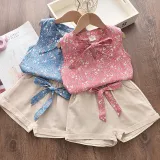 Kid Girl Bowknot Floral Vest and Shorts Two Pieces Sets