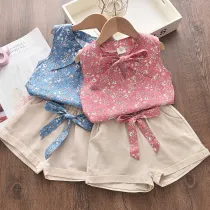Kid Girl Bowknot Floral Vest and Shorts Two Pieces Sets