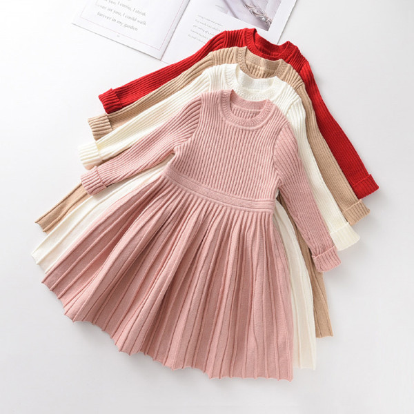 Toddler Girl Knitted Folding Long Sleeve A-line Dresses