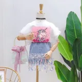Toddler Girl Sequins Unicorn Ruffles Top and Denim Lace Flowers Sequin Skirt Two Pieces Sets