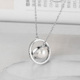 Sterling Silver White Zircon Diamonds Globe Pearl Clavicle Pendant Chain Jewelry Necklace