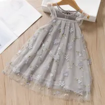 Toddler Girls Embroidered Flowers Lace Ruffles Sleeves Mesh Tutu Dress