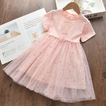 Toddler Girls Pink Rabbit Sequin Stars Short Sleeve Tutu Dress