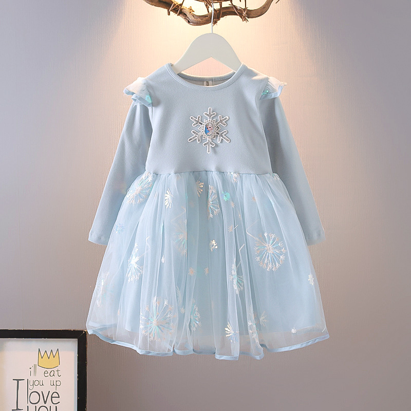 Toddler Girl Embroidered Frozen Snowflakes Tutu Mesh Long Sleeve A-line Dresses