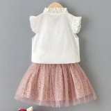 Toddler Girl White Embroidered Flowers Bowknot Ruffles Top and Mesh Floral Skirt Two Pieces Sets