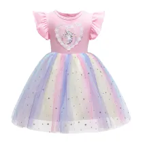 Toddler Girl Lace Pearls Unicorn Rainbow Tutu Stars A-line Gown Dresses