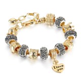 Women's I Love You Heart Zircon Diamond Gold Bead Bracelet Chain Charm Jewelry