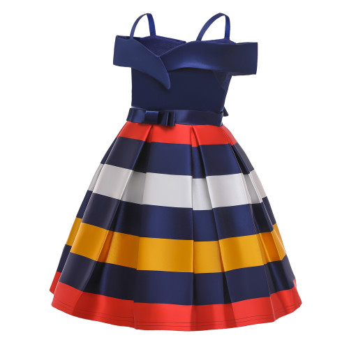 Toddler Girl Off The Shoulder 3 Colors Stripes A-line Gown Dresses