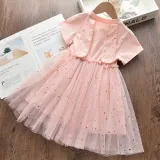 Toddler Girls Pink Rabbit Sequin Stars Short Sleeve Tutu Dress