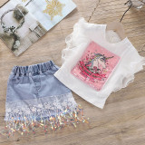 Toddler Girl Sequins Unicorn Ruffles Top and Denim Lace Flowers Sequin Skirt Two Pieces Sets