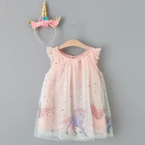 Toddler Girls Pink Unicorns Mesh Sequins Stars Tutu Dress with Unicorns Headband