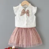 Toddler Girl White Embroidered Flowers Bowknot Ruffles Top and Mesh Floral Skirt Two Pieces Sets