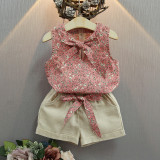 Kid Girl Bowknot Floral Vest and Shorts Two Pieces Sets