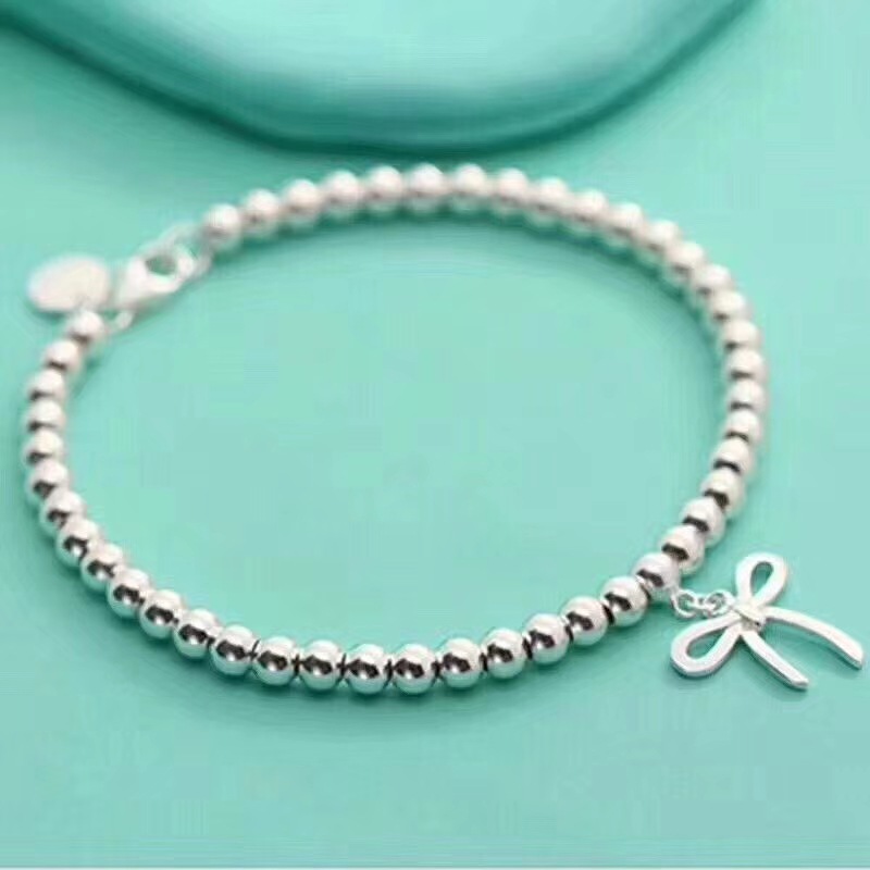 Sterling Silver Bowknot Round Beads Jewelry Bracelet