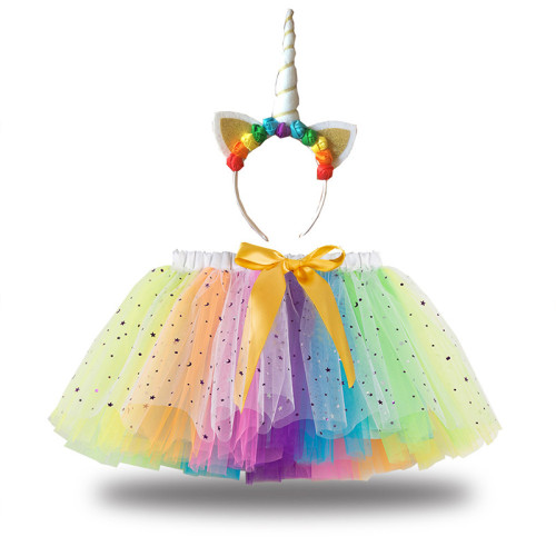 Toddler Girls Sequins Stars Rainbow Tutu Skirt with Unicorn Headband