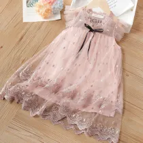 Toddler Girls Embroidered Lace Ruffles Sleeves Mesh Tutu Dress